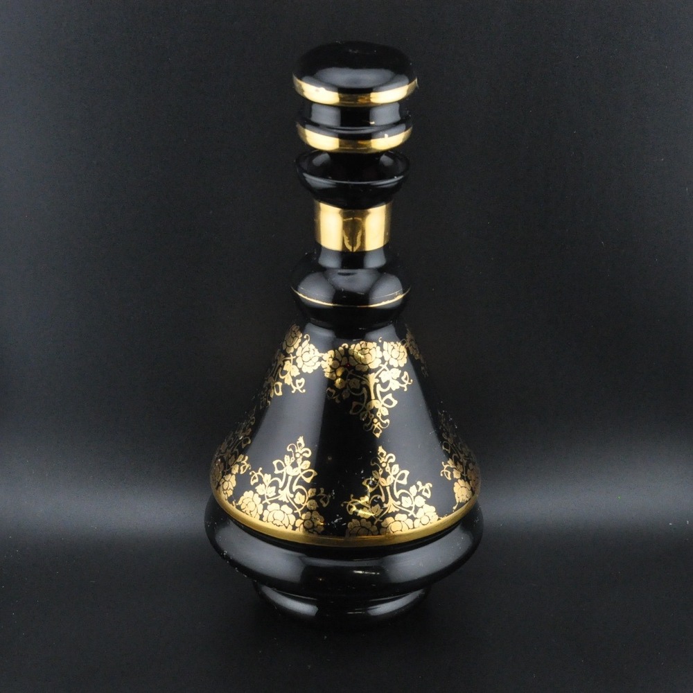 Vintage Italian Amethyst Glass Decanter Set 7pc Black Gold Floral Excellent